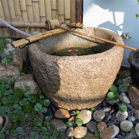 日式景观庭院流水石钵家用石器洗手池别墅花园造水槽石钵石槽摆件