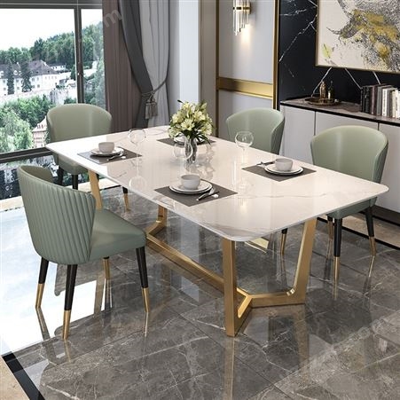轻奢亮光岩板餐桌现代简约不锈钢饭桌椅大理石餐桌椅-jj115