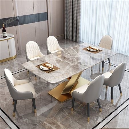 jj012意式轻奢亮光岩板餐桌小户型长方形不锈钢饭桌椅组合-jj012